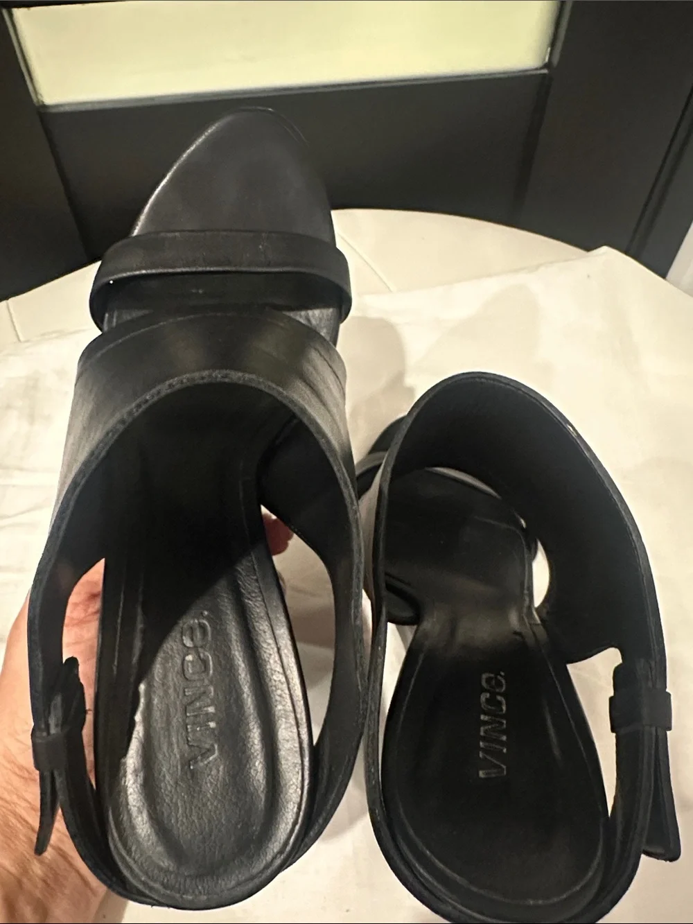 Vince Black Leather Wedge Sandals with Slingback
